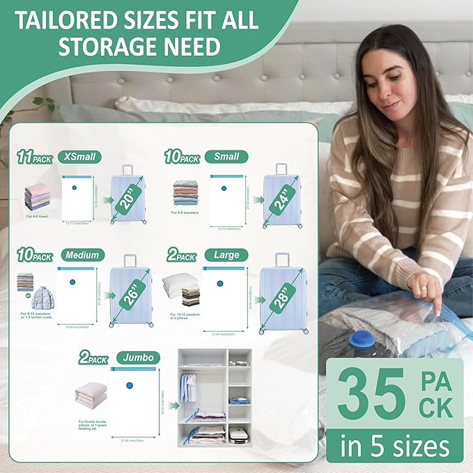 35 Pack Vacuum Storage Bags with Rechargeable Wireless Portable Electric Pump, Vacuum Seal Space Saver Bags for Clothing, Pillows, Blanket, Bedding, Comforters