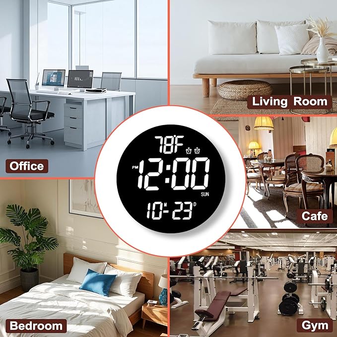 Large 12" White Digital Wall Clock with Remote Control | LED Display Plug-in Clock with 3 Brightness Levels & Temperature Display Perfect for Home, Gym, Classroom, Office