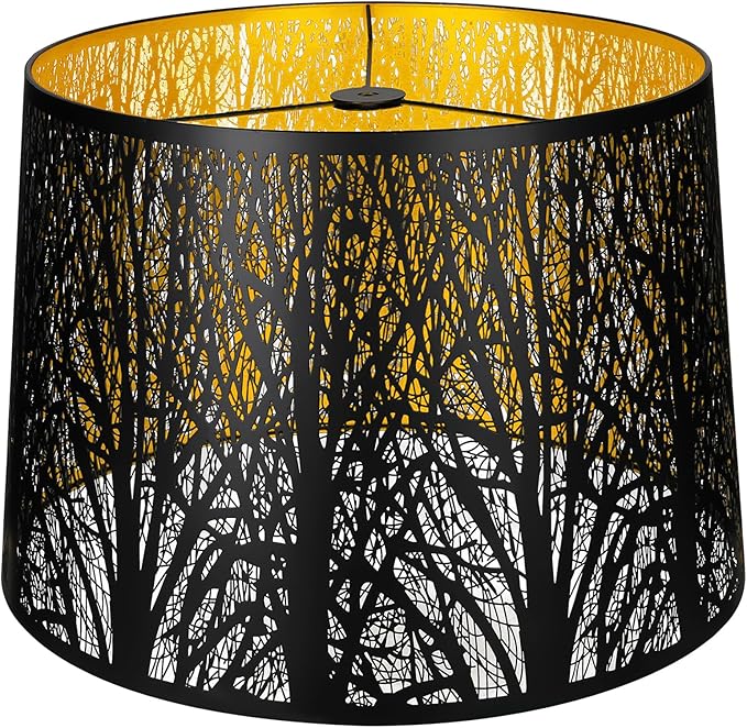 ALUCSET Metal Large Lampshade, Drum Lamp Shade 14" Top x 16" Bottom x 11" High, Lamp Shades for Table and Floor Lamps, Black Gold Finished Etched Forest Replacement Shade, Spider Fitter