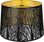 ALUCSET Metal Large Lampshade, Drum Lamp Shade 14" Top x 16" Bottom x 11" High, Lamp Shades for Table and Floor Lamps, Black Gold Finished Etched Forest Replacement Shade, Spider Fitter