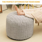 Round Stuffed Pouf Ottoman for Foot Rest, Storage Ottoman Pouf Foot Stool Cushion, Faux Fur Poufs with Foam Chunk Filling, 26 X 18 Inch Floor Chair for Living Room Bedroom Home Decor, Light Gray