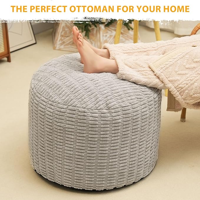 Round Stuffed Pouf Ottoman for Foot Rest, Storage Ottoman Pouf Foot Stool Cushion, Faux Fur Poufs with Foam Chunk Filling, 20 X 15 Inch Floor Chair for Living Room Bedroom Home Decor, Light Gray