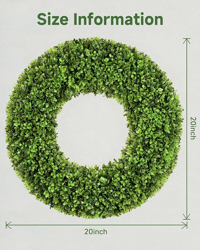 DDHS 20''Boxwood Wreaths for Front Door，Artificial Spring Wreaths for Farmhouse Wedding Green Year Round Indoor Outdoor for Fall Summer Christmas Wreath Home Decorations-Green