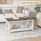 Farmhouse Coffee Table, White Oak Coffee Table for Living Room, 2-Tier Rectangular Wooden Centre Cocktail Table with Slats Shelf Storage and V-Shaped Frame Modern Coffee Oak Grey