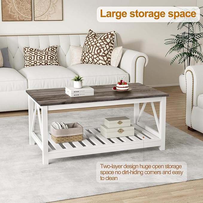 Farmhouse Coffee Table, White Oak Coffee Table for Living Room, 2-Tier Rectangular Wooden Centre Cocktail Table with Slats Shelf Storage and V-Shaped Frame Modern Coffee Oak Grey