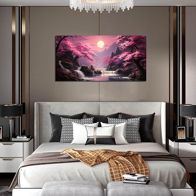 Landscape Wall Art for Living Room Bedroom Office Pink Wall Art Moon Lake Mountain Pictures Modern Artwork Framed Wall Decor Canvas Prints 24x48 In