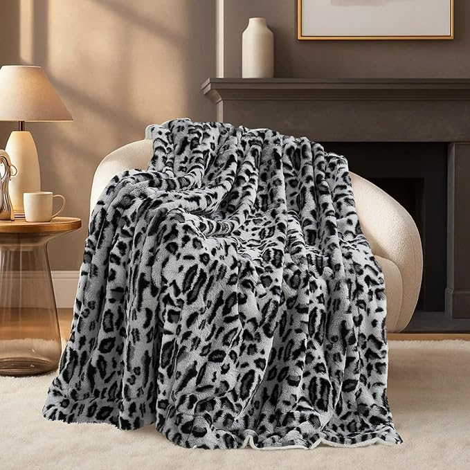 Cozy Bliss Luxury Faux Fur Throw Blanket Leopard Print, Non Shedding Double Sided Sherpa Blankets Super Soft Fluffy Thick Warm Throws Home Decor for Couch Bed Sofa Women,60"*80"Inches Snow Leopard