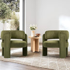 COLAMY Modern Velvet Accent Chair Set of 2, Upholstered Barrel Chairs, Comfy Side Arm Chairs with 3 Legs for Living Room, Bedroom, Reading, Green