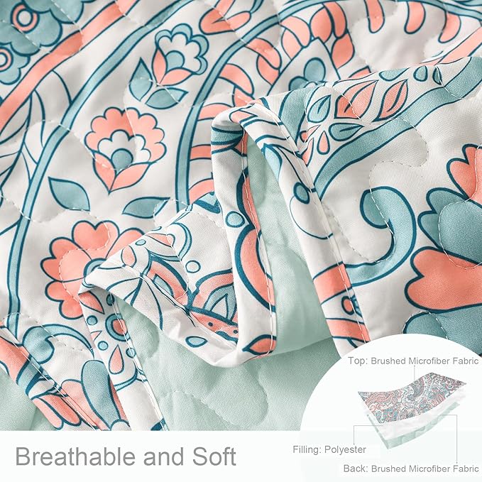 Exclusivo Mezcla Reversible Boho Quilts Queen Size, Aqua Bedspreads Lightweight Coverlet All Season Paisley Quilt Bedding Set with Printed Floral Pattern (1 Quilt, 2 Pillow Shams)