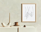 Holding Hands Wall Art Interlocking Fingers Continuous Line Drawing Love Connection 11x14 Inch Oak Wood Beige Framed Modern Romance Print for Bedroom