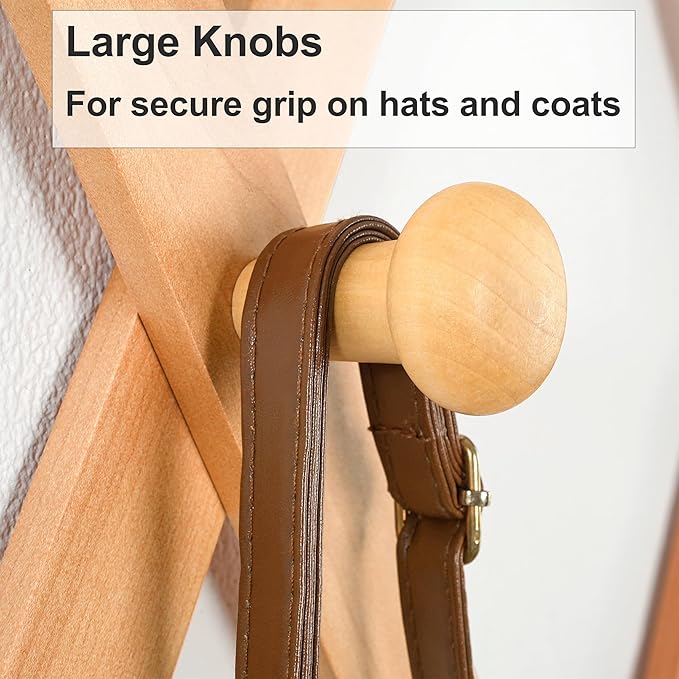 Dseap Expandable Coat Rack (Larger Version) - 24” High, Anti-Slip, Ultra Heavy Duty Wooden Accordian Wall Hanger with 10 Study Peg Hooks for Clothing Hats Jackets Bags, Natural