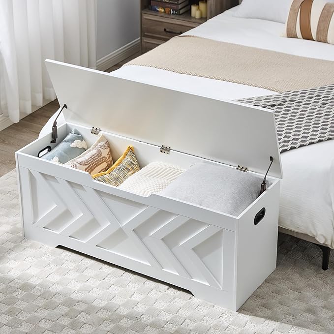 Storage Chest Extra Large,Storage Trunk with 2 Safety Hinges,Wooden Storage Bench,Shoe Bench,47.2x15.7x19.1 Inch,Easy Assembly,Storage Bench for Bedroom,Living Room,entryway (White, 47.2x15.7x19)