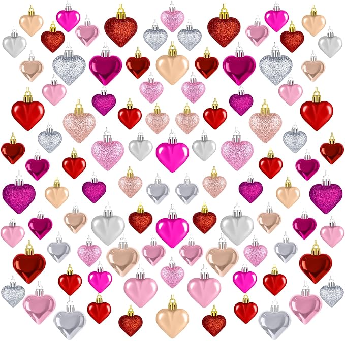 100 PCS Valentine Day Heart Shaped Ornaments Romantic Various Styles Heart Hanging Baubles Colorful Romantic Glossy Hearts Valentine's Day Decor for Outdoor Indoor Party Anniversary Crafts