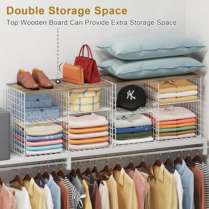 2 Pack Closet Shelf Organizer, Closet Organizers and Storage Shelves With Adjustable Dividers, Stackable Storage Bins Baskets For Clothes Sweaters Jeans Jackets, With Wooden Board, 8 Compartments