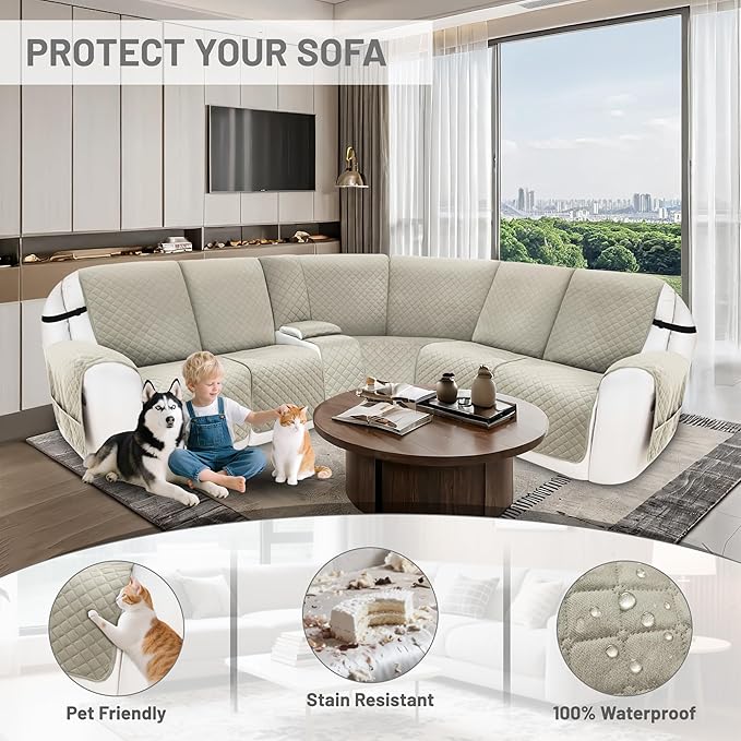 Recliner Sofa Covers 100% Waterproof Velvet L Shape Recliner Couch Covers for Sofa Pets Washable Anti Slip Recliner Slipcovers with Pockets (5 Seat Sofa with 1 Console, Light Gray)