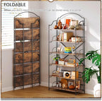 4NM No Assembly Extra Wide Folding Bookshelf for Living Room, 6 Tiers Collapsible Book Shelves Open Industrial Foldable Bookcase Storage Shelf for Home Office - Rustic Brown Black