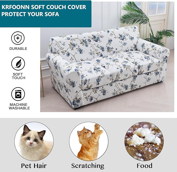 KRFOONN 4 Piece Printed Sofa Couch Cover for 3 Cushion Couches Stretch Sofa Slipcovers with 3 Separate Seat Cushion Covers Washable Furniture Protector with Elastic Bottom (Sofa, 51)