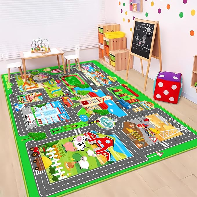 Kids Car Playmat, Kids Rug for Playroom Car Mat Town City Road Traffic Rugs, Play Mat for Floor, Extra Large Boys Kid Car Track Play Rug (Style SIX, 78.7X 59 INCH)