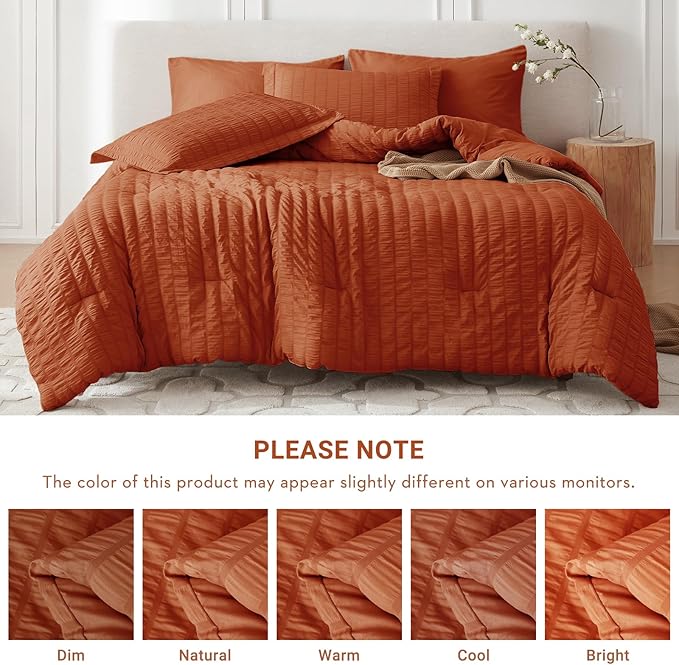 MUXHOMO 5 Pieces Twin Comforter Set, Seersucker Bed in a Bag Twin Size, All Season Luxury Bedding Set with Comforter, Flat Sheet, Fitted Sheet, Pillowcase & Sham, Burnt Orange