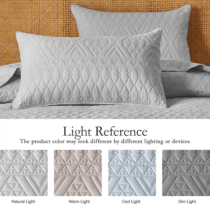 akkialla Full/Queen Size Quilt Bedding Set,Light Grey Lightweight Microfiber Soft Bedspread,Modern Style Geoetric Pattern Coverlet Set for All Seasons,3 Piece(1 Quilt,2 Pillow Shams)