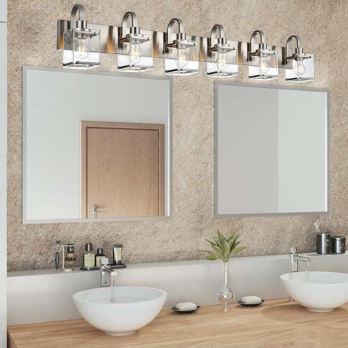 6-Light Bathroom Light, Brushed Nickel Vanity Light Fixture Over, Mirror,Modern Wall Lamp with Clear Glass Shade Wall Sconce Lighting for Living Room, Bedroom, Hallway