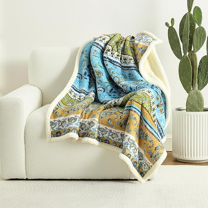 Boho Chic Sherpa Throw Blanket - Vibrant Bohemian Print & Ultra-Soft Cozy Lining, Stylish & Warm Winter Throw for Couch, Bed, or Décor