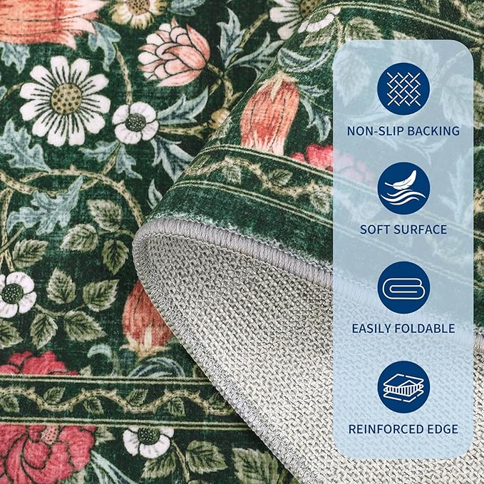 GarveeHome Green Vintage Floral 2x6 Runner Rug Washable Kitchen Rugs Non Slip Boho Long Rug for Hallways Bedroom Entryway Bathroom Mat with Rubber Back