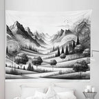 Ambesonne Mountain Tapestry King Size, Monochrome Art Scenic Mounts with Wooded Lands Featuring Eastern Mandala, Wall Hanging Bedspread Bed Cover Wall Decor, 104" X 88", Pale Grey Dark Taupe