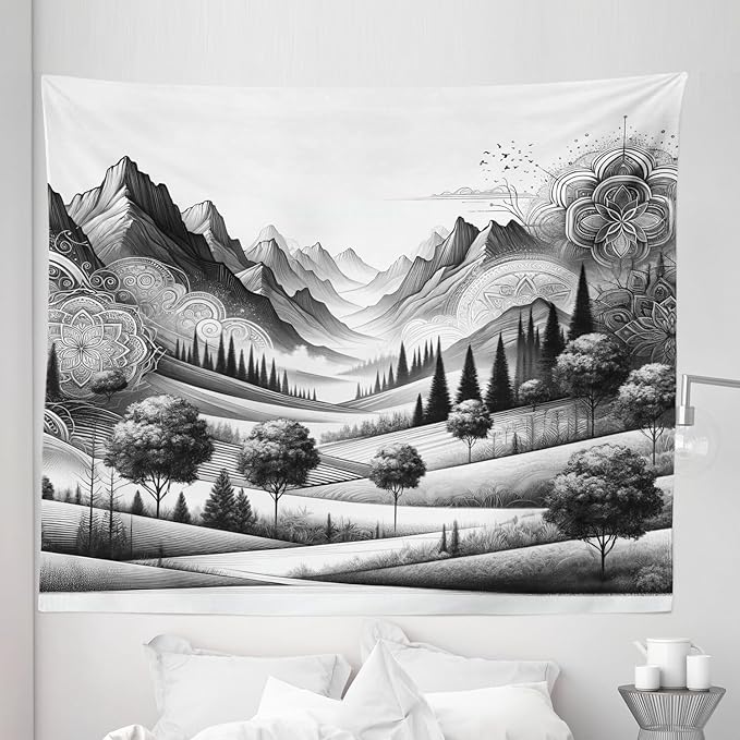 Ambesonne Mountain Tapestry King Size, Monochrome Art Scenic Mounts with Wooded Lands Featuring Eastern Mandala, Wall Hanging Bedspread Bed Cover Wall Decor, 104" X 88", Pale Grey Dark Taupe