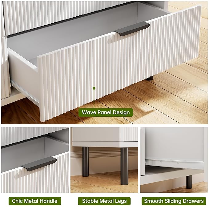 GarveeHome White Wave Fluted 5 Drawer Dresser for Bedroom, Modern Wood Chest of Drawers with Wide Drawers, Closet Dresser Organizer with Anti-Tipping Device and Metal Legs for Hallway Entryway
