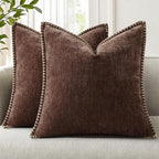 decorUhome Spring Chenille Soft Cozy Throw Pillow Covers 26x26 Set of 2, Modern Farmhouse Boho Velvet Decorative Euro Sham Pillow Cases with Stitched Edge for Couch Sofa Bed Home Decor, Chocolate