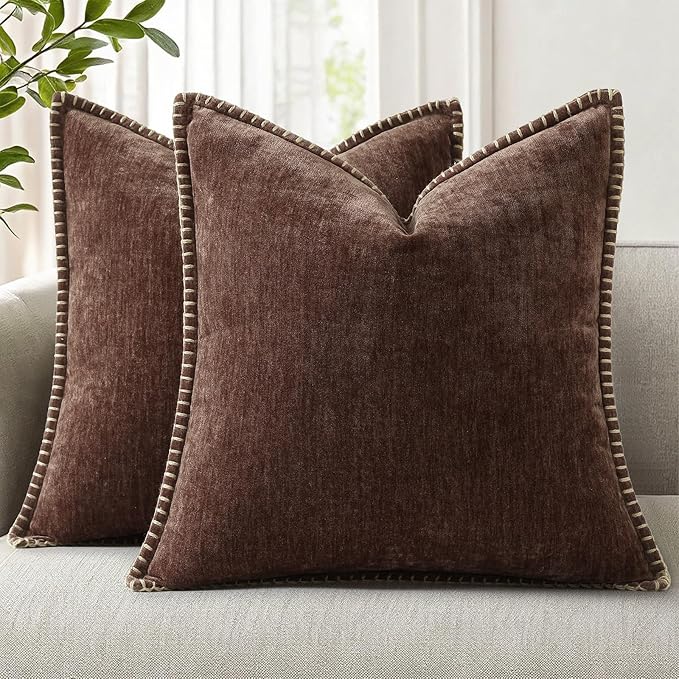 decorUhome Spring Chenille Soft Cozy Throw Pillow Covers 18x18 Set of 2, Modern Farmhouse Boho Velvet Decorative Pillow Cases with Stitched Edge for Couch Sofa Bed Home Decor, Chocolate