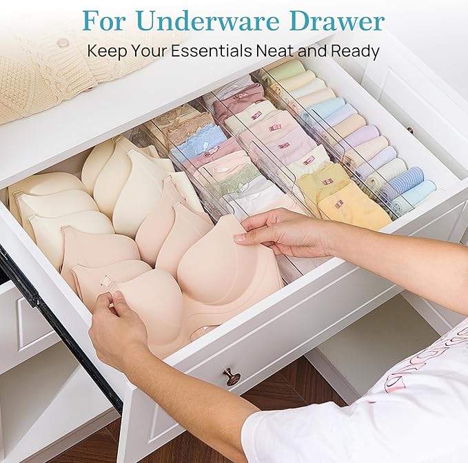 Vtopmart 14 Pack Drawer Dividers for Clothes, 4" High 10.2"-16.5" Adjustable Expandable Dresser Drawer Organizer, Clear Plastic Separators for Dresser, Baby Clothing, Underwear, Cosmetic, Toiletries