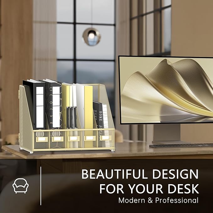 DALTACK Desk Organizers Metal Magazine File Holder with 5 Vertical Compartments Folder Storage Binder Organizer for Office Home School Organization, Golden Yellow, Plus