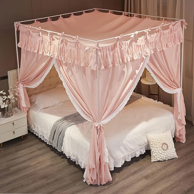 Ruffle Lace up 4 Corners Post Princess Curtain Bed Canopy Cozy Breathable Mosquito Net Cloth for Girls Adults Bedroom Decoration (Pink, 64" W*82" L*82" H/Queen)