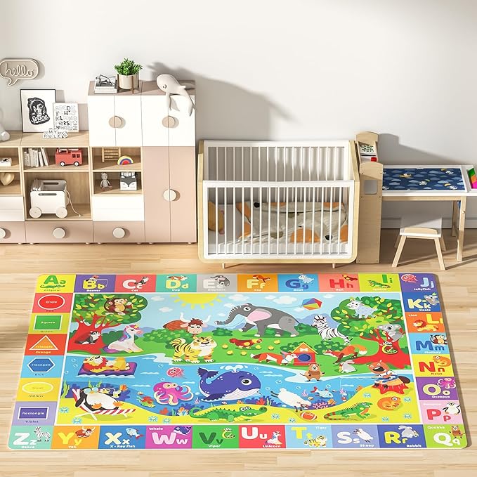 Baby Play Mat for Floor, Non-Slip Playmat for Toddlers & Infants, Extra Thick Large Padded Educational ABC Kids Rug for Crawling & Playing Super Soft Plush Surface to Keep Safe (40"x60")