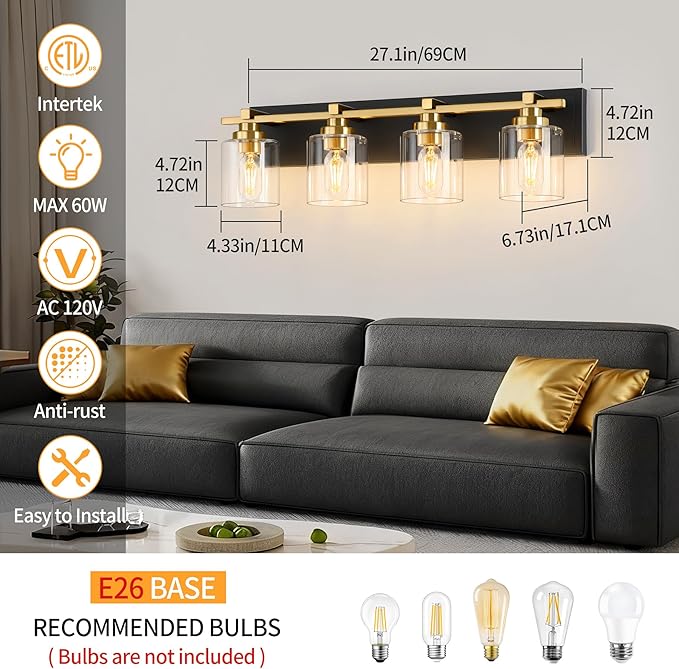 4 Light Modern Bathroom Light Fixtures Over Mirror, Black Gold Vanity Lights for Bathroom Wall Sconces with Clear Glass Shades, E26 Socket (Bulbs Not Included)