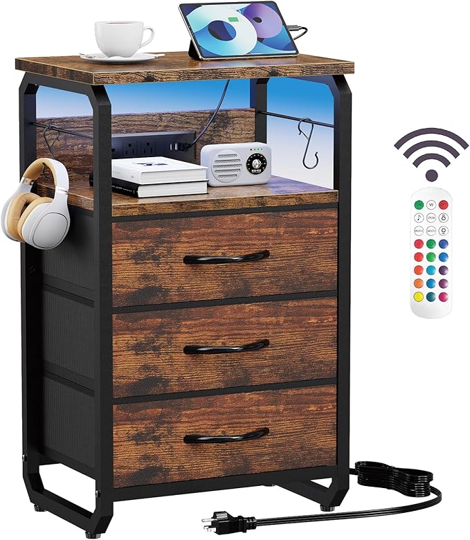Bed Side Table with 3 Fabric Drawers, Night Stand with Charging Station, LED Nightstand with Hooks, Bedside Table End Table with Storage, Night Table for Living Room, Bedroom (Rustic Brown)