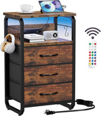 Bed Side Table with 3 Fabric Drawers, Night Stand with Charging Station, LED Nightstand with Hooks, Bedside Table End Table with Storage, Night Table for Living Room, Bedroom (Rustic Brown)