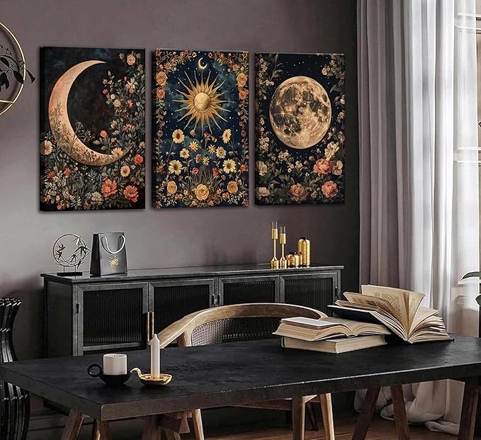 3Pcs Sun and Moon Celestial Canvas Wall Art Vintage Gothic Mystical Crescent Floral Plant Dark Academia Painting Picture Wall Decor Posters Print Artwork for Living Room Bedroom Decoration (16L" x 12W"-Canvas)