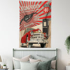 Ambesonne Cars Tapestry, Poster Style Image Gasoline Station Commercial Element Route 66 IllustrationPrint, Wall Hanging for Bedroom Living Room Dorm Decor, 60" X 80", Vermilion Beige
