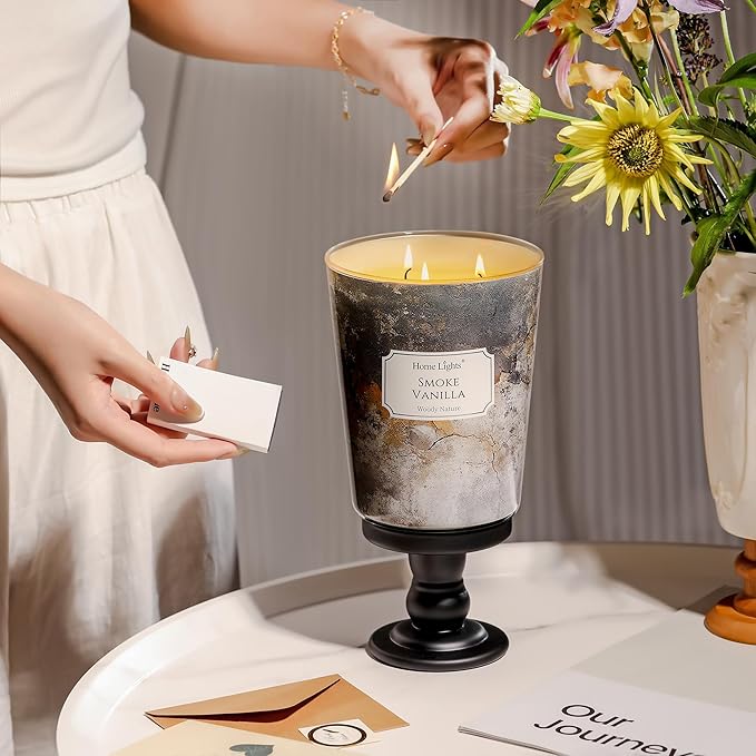 HomeLights Scented Candles | Large Jar 34 Oz Natural Soy Candle | 130 hrs Long-Lasting with 3 Wicks | Industrial Chic Home Decor | Gifts for Mom & Women, Smoke Vanilla