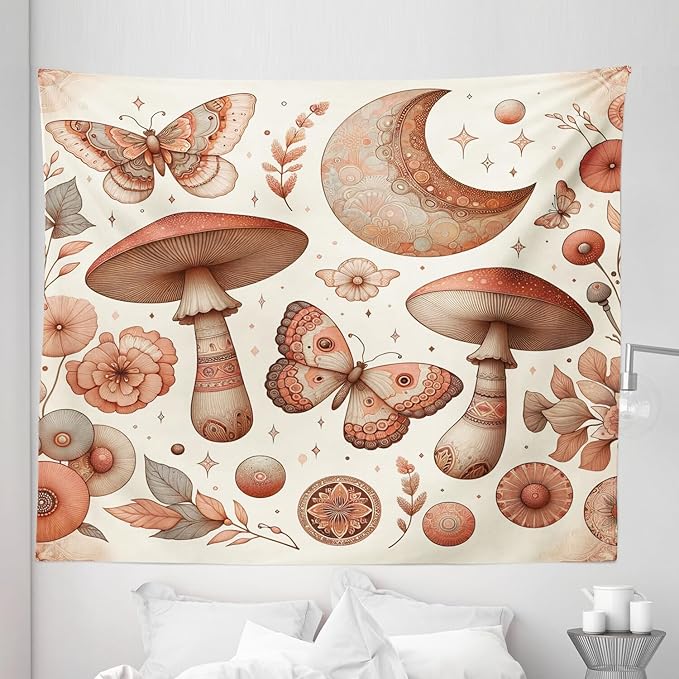 Ambesonne Mandala Tapestry King Size, Medieval Witchcore Art Mushroom Butterfly and Crescent with Leafy Details, Wall Hanging Bedspread Bed Cover Wall Decor, 104" X 88", Dark Salmon Eggshell
