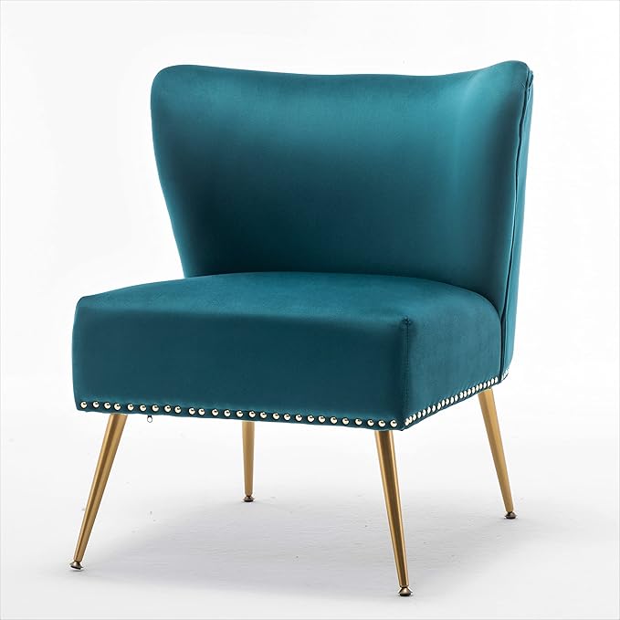 Thia Armless Velvet Accent Chair for Living Room, Elegant Seat with Nailhead Trim, Gold Metal Legs and Comfortable Curved Back, 28" D x 25" W x 29.5" H, Bluish Green