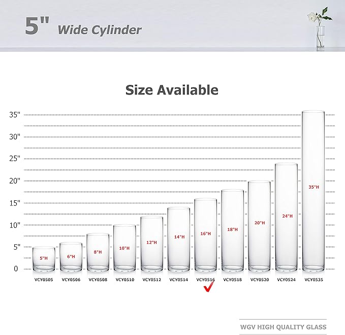 WGV Cylinder Vase, Diameter 5", Height 16", Clear Glass Floral Planter Container, Tall Centerpiece Arrangement for Wedding Party Event Home Office Decor, 1 Piece