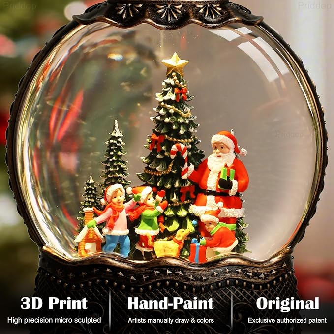 Santa Snow Globe Christmas Decorations Indoor Santa Claus Gifts Classic Relief Texture Musical Glitter Snowfall USB/Battery Timer Lantern 10.6 inch