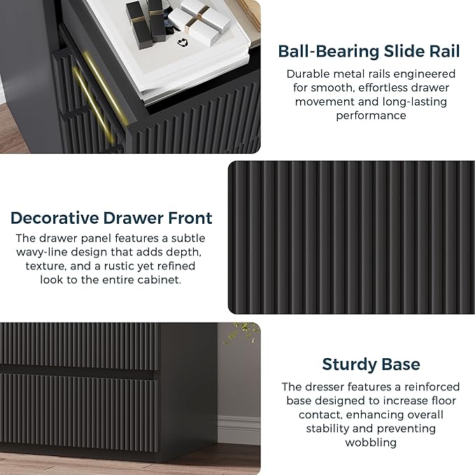 Fluted 5 Drawer Dresser, 43" Tall Dresser Chest of Drawers Curved Profile Design, Wood Mid Century Vertical Dresser Natural Texture for Bedroom, Black Dresser
