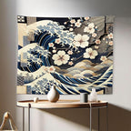 Ambesonne Anime Tapestry, Ukiyo-e Style Cultural Art Design with Squama Scales Waves Cherry Blossoms, Fabric Wall Hanging Decor for Bedroom Living Room Dorm, 28" X 23", Taupe Beige Dark Blue