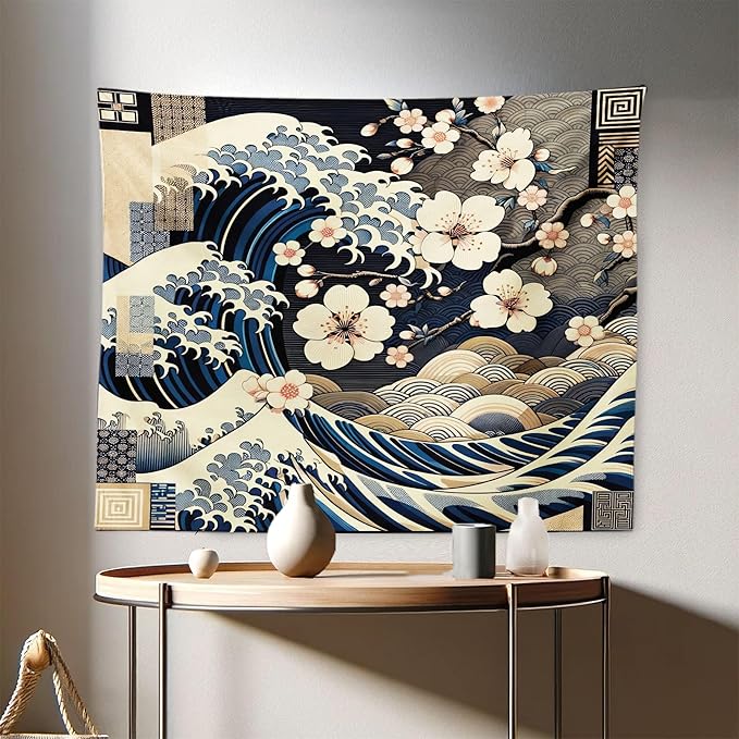 Ambesonne Anime Tapestry, Ukiyo-e Style Cultural Art Design with Squama Scales Waves Cherry Blossoms, Fabric Wall Hanging Decor for Bedroom Living Room Dorm, 28" X 23", Taupe Beige Dark Blue