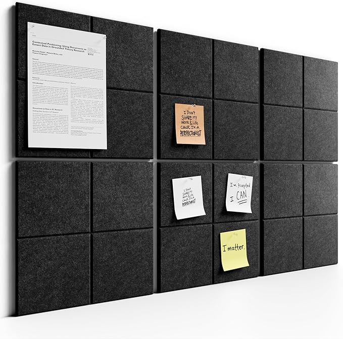 Bumusty Large Felt Bulletin Board, 36" x 24" Cork Board Alternative, 6-Pack Wall Tiles with 4-Compartment Design, 30 Push Pins, 40 Adhesive Tabs, Ideal for Office & Home Decor, Charcoal Gray